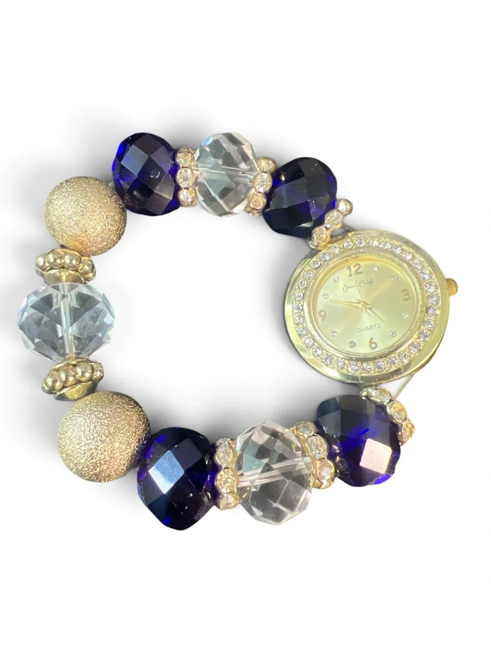 Jessica Carlyle 9196 Blue Crystal Stretch Bracelet Watch Gold Tone Rhinestone